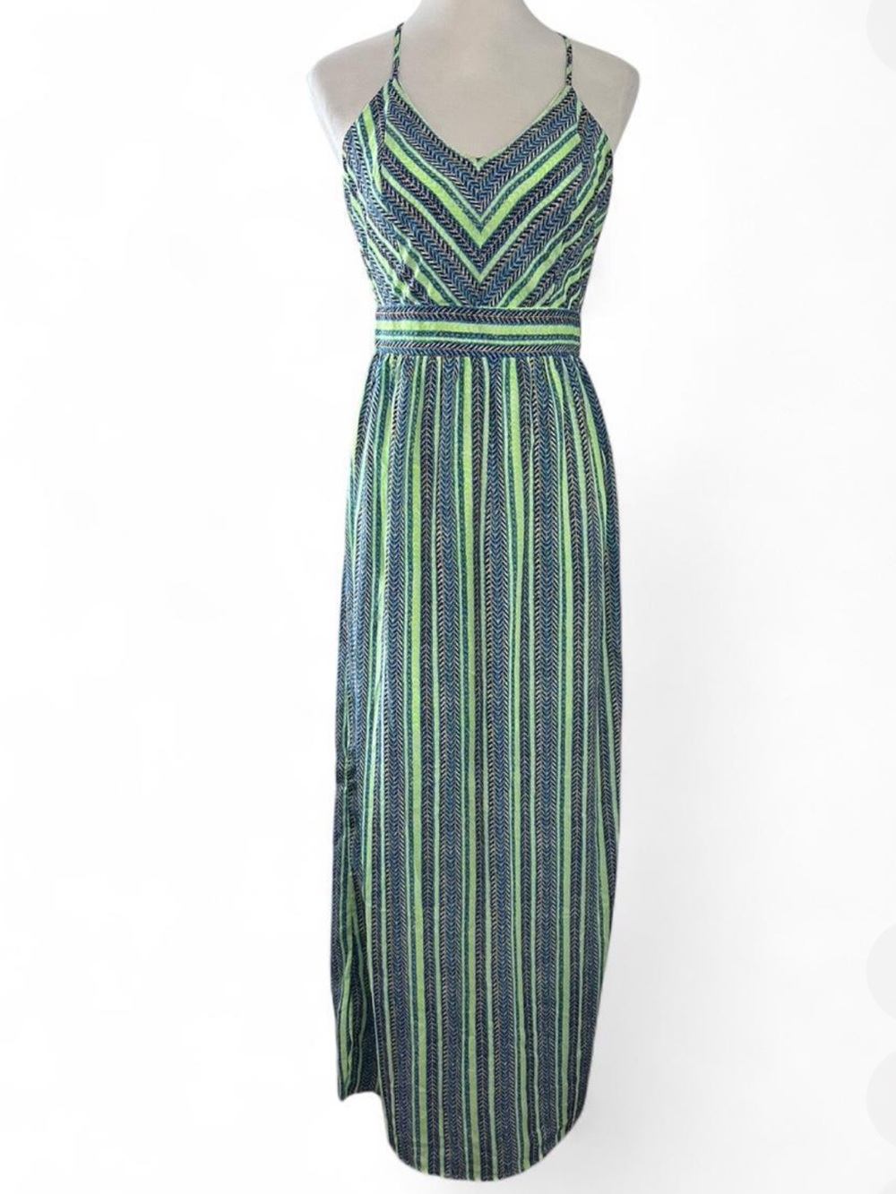Alga Sleeveless V-Neck Striped Maxi Dress in Navy and Lime Medium
